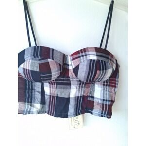 Say What? Plaid Smocked Bustier Crop Top Juniors Medium Blue Red White